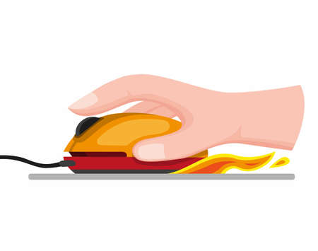 hand holding and click mouse with fire effect cartoon flat illustration vector isolated in white backgroundのイラスト素材