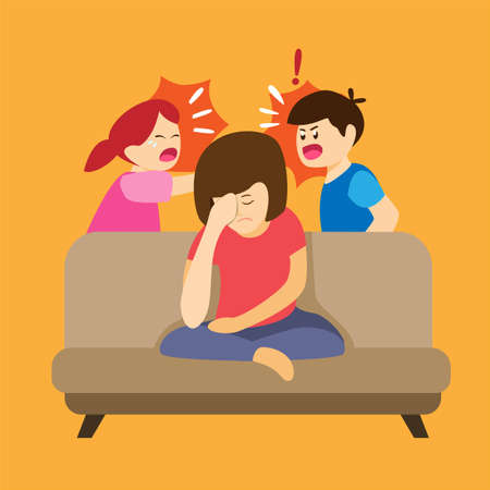 child fight and shout around parent,upset tired mother in sofa with naughty kids in cartoon flat illustration vectorのイラスト素材