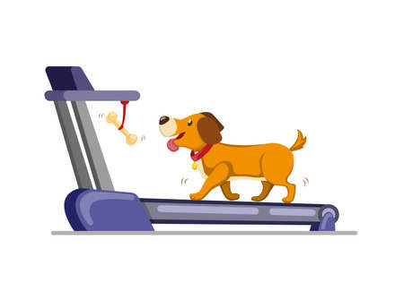 dog running in treadmill to get bone. training dog to run or walk in home. cartoon flat illustration vector isolated in white backgroundのイラスト素材