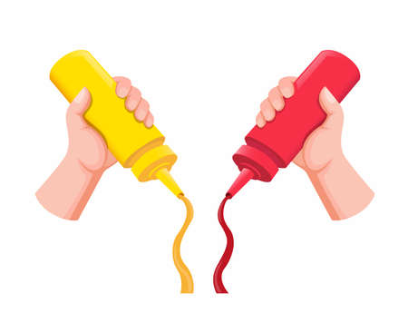 hand holding and squeezing mustard and ketchup bottle plastic on food in cartoon flat illustration vectorのイラスト素材