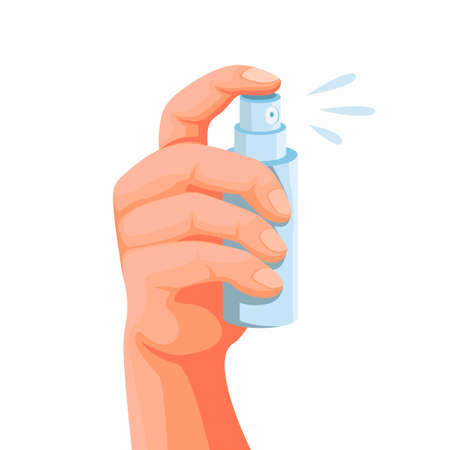 Hand holding Pocket Spray Bottle, Symbol for Parfume or Sanitizer Product. Concept in cartoon illustration vector isolated in white backgroundのイラスト素材