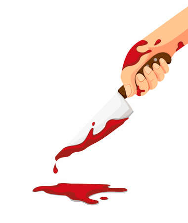 A knife with blood in his hand. Drops of blood drain to the floor. concept of crime, murder or killer from the knife stock illustration cartoon vector isolated in white backgroundのイラスト素材