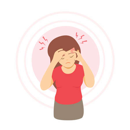 woman having headache, migrain pain. girl touching her temples suffering a headache. cartoon illustration vector isolated in white backgroundのイラスト素材