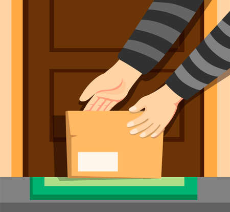 Thief hand take package box online shop in front door home, awareness from theft steal someone parcel crime activity cartoon illustration vectorのイラスト素材
