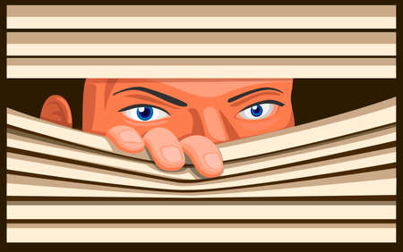 People Peering Through Curtain Window, Neighbor Spy and Watching Symbol in Cartoon illustration Vectorのイラスト素材