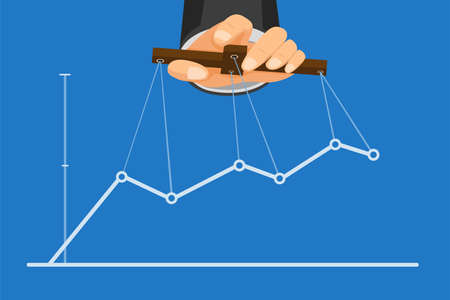 hand with holding stick with rope, puppet master controlling business chart in cartoon flat illustration vectorのイラスト素材