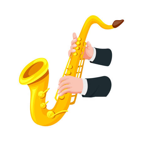 Hand holding and playing saxophone symbol in cartoon style illustration vector isolated in white backgroundのイラスト素材