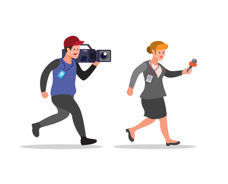 Reporter and cameraman running, Journalist activity in cartoon flat illustration vector isolated in...