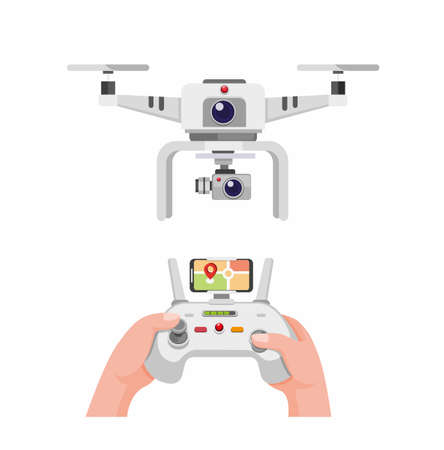 white drone with dual camera. hand holding remote control drone with smartphone screen to monitor location cartoon illustration vector isolated in white backgroundのイラスト素材