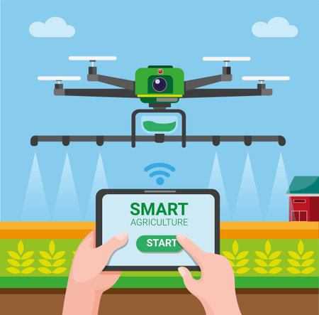 Drone smart agriculture, farmer use tablet controlling drone to spray chemical to wheat field....