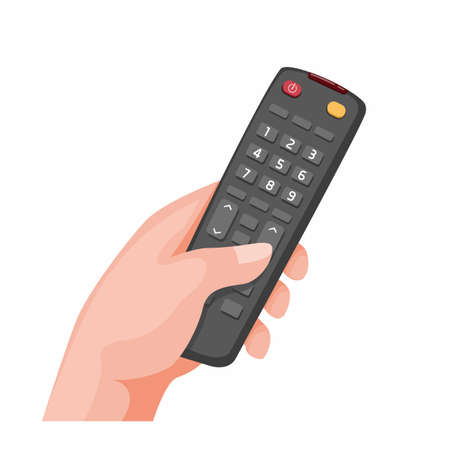 hand holding remote television symbol in cartoon illustration vector isolated in white backgroundのイラスト素材