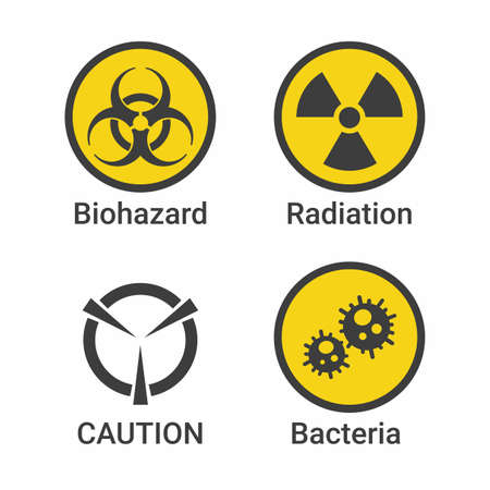 Biohazard, Radiation, and bacteria collection icon set. sign symbol for laboratory or industrial information flat illustration vector isolated in white backgroundのイラスト素材