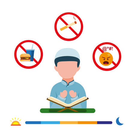 Muslim activity in holy month ramadan, ramadan fasting rules in flat illustration editable vector isolated in white backgroundのイラスト素材