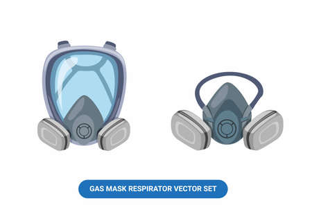 Masker gas respirator workwear in full face and half face vector set cartoon illustration isolated in white backgroundのイラスト素材