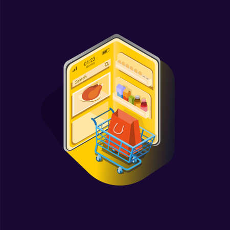 Open fridge on smartphone with shopping cart, symbol for online shop food app isometric illustration vectorのイラスト素材