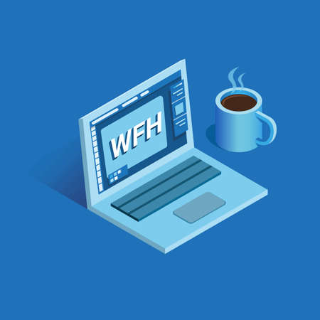 WFH - Work From Home, illustration with laptop and coffee mug in isometric vector isolated in blueのイラスト素材