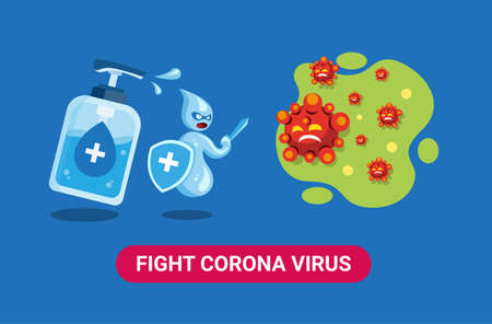 Fight virus with hand sanitizer to protection from infection disease. cartoon flat illustration vectorのイラスト素材