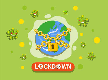 earth globe with locked chain, locklockdown world to protection from virus pandemic cartoon flat illustration vectorのイラスト素材