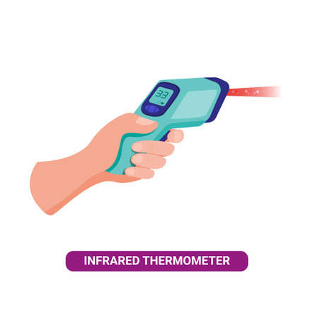 Hand holding Infrared Thermometer, heat temperature detection to people from infection virus in cartoon flat illustration vector isolated in white backgroundのイラスト素材