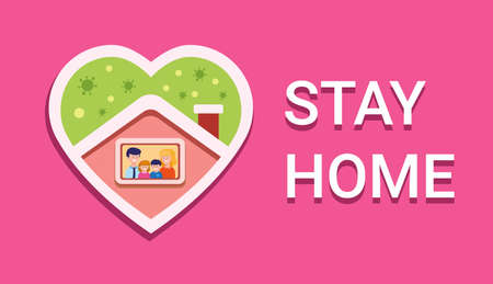 STAY HOME, quarantine in home with family to protection from virus pandemic logo love shape in cartoon flat illustration vectorのイラスト素材
