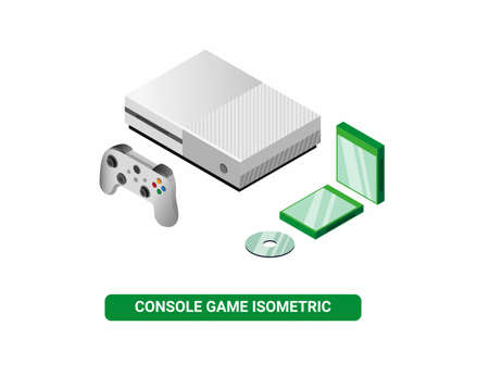 Game console device in white color with green cd case in isometric editable vector isolated in white backgroundのイラスト素材
