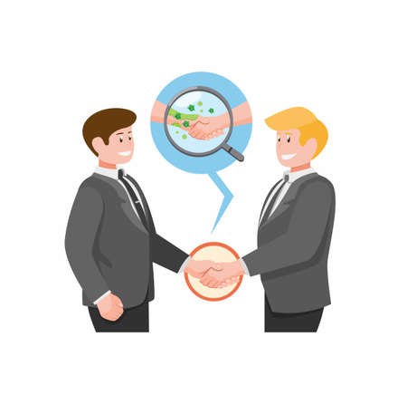 virus detected on magnifying glass from handshake activity in cartoon flat illustration vectorのイラスト素材