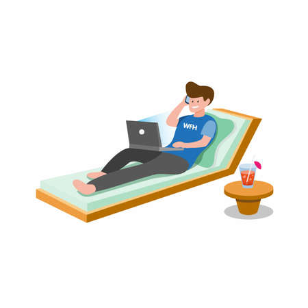 work from home to worker, freelancer or student to prevention infection disease from virus cartoon flat illustration vector isolated in white backgroundのイラスト素材