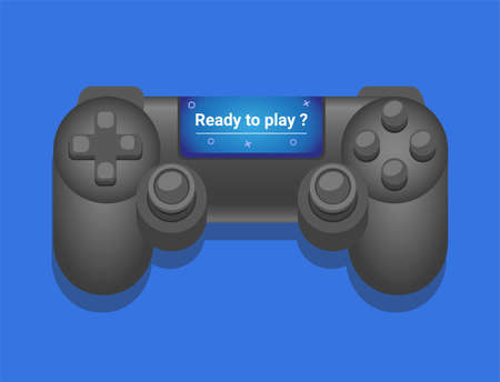Consol Gamepad with screen with text "ready to play ?". illustration vector isolated in blue backgroundのイラスト素材