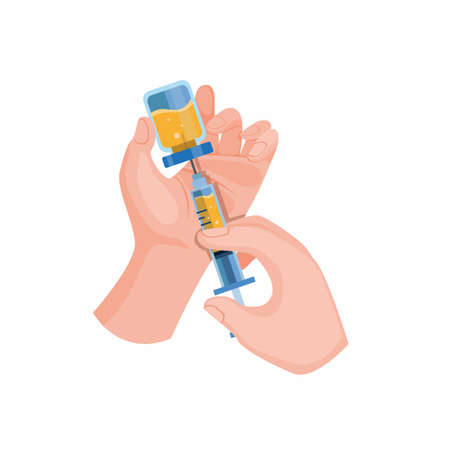 hand holding syringe and vaccine to immune from virus infection in cartoon flat illustration vector isolated in white backgroundのイラスト素材