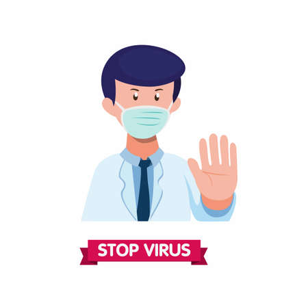 Doctor wearing mask face with hand stop gesture symbol, prevent spread virus infection cartoon flat illustration vector in white backgroundのイラスト素材