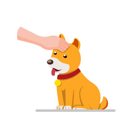 human hand touch puppy, petting dog in cartoon flat illustration vectorのイラスト素材