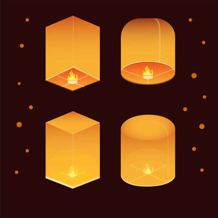 Thai lantern festival icon set with night background in realistic illustration editable vectorのイラスト素材