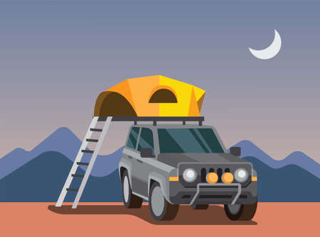 expedition with suv car, auto camping tent, tent on the roof of the car, adventure trip, flat vector illustrationのイラスト素材