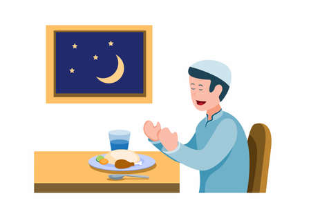 man pray before meal to breaking the fast, muslim activity eating for fasting in ramadan season. cartoon flat illustration vectorのイラスト素材