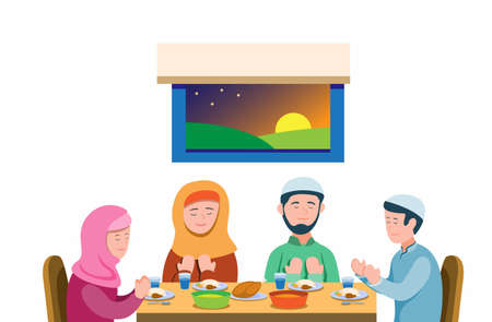 Muslim family pray before meal to break the fasting, islam religion activity in ramadan season. cartoon flat illustration vector isolated in white backgroundのイラスト素材
