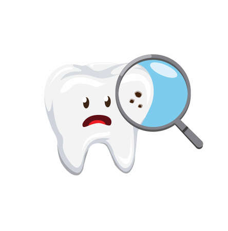 Magnifying glass detection hole in teeth, dental care problem in cartoon flat illustration vector isolated in white backgroundのイラスト素材