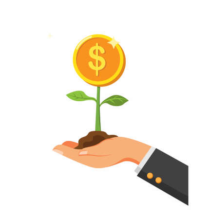 hand holding plant with coin, investment profit symbol in cartoon flat illustration vector isolated in white backgroundのイラスト素材