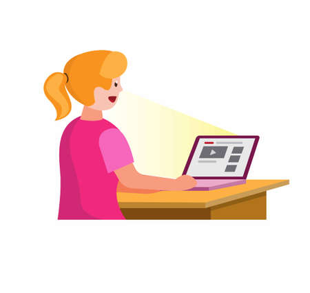 girl watching video streaming from internet using laptop in cartoon flat illustration vectorのイラスト素材