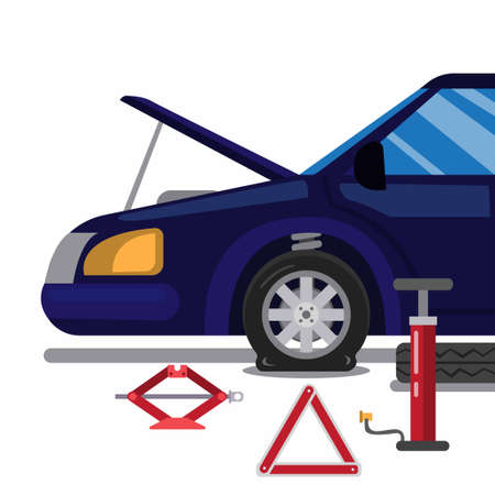 car accident, flat tire. changing tire with emergency tool kit in cartoon flat illustration vector isolated in white backgroundのイラスト素材