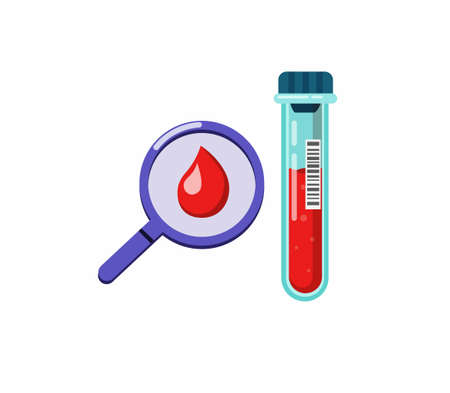 magnifying glass with blood test tube, medical exam in blood sample from virus infection symbol in cartoon flat illustration vector isolated in white backgroundのイラスト素材