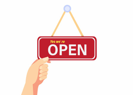 hand with hanging sign open symbol, icon. cartoon flat illustration isolated in white backgroundのイラスト素材