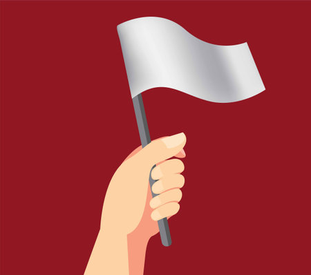 hand holding white flat symbol for surrender in cartoon flat illustration isolated in red backgroundのイラスト素材