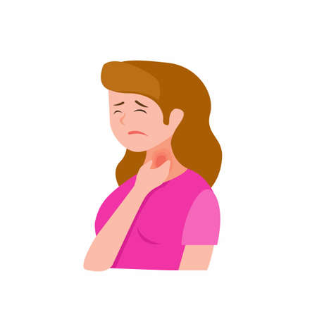 young sick girl suffering from sore throat, holding on her neck. Cartoon flat isolated illustration on a white background. Illness and disease symptoms conceptのイラスト素材
