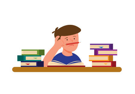 boy are bored and tired of reading book to learning, student reading and writing with stack of books cartoon flat illustration vectorのイラスト素材