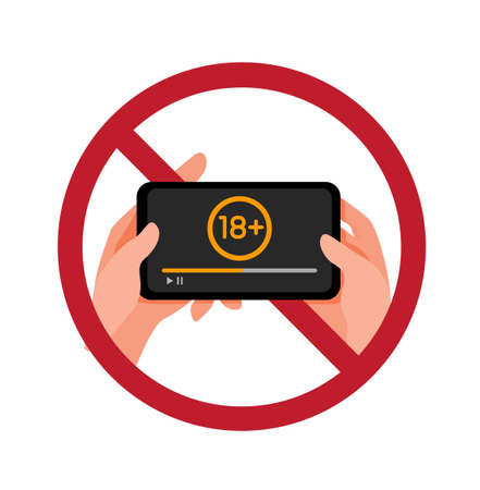 stop watch porn campaign sign icon, mature video warning symbol with hand and smartphone cartoon flat illustration vector isolated in white backgroundのイラスト素材