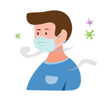man wearing mask due to infection of virus and pollution. Human in medical mask protect against infection.Family disease prevention. cartoon flat illustration vectorのイラスト素材