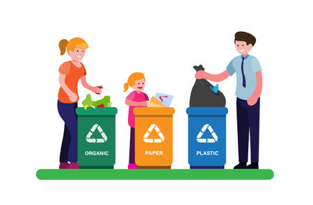 people or family put trash on garbage with sorting symbol of recycle plastic, organic and paper in cartoon flat illustration vectorのイラスト素材