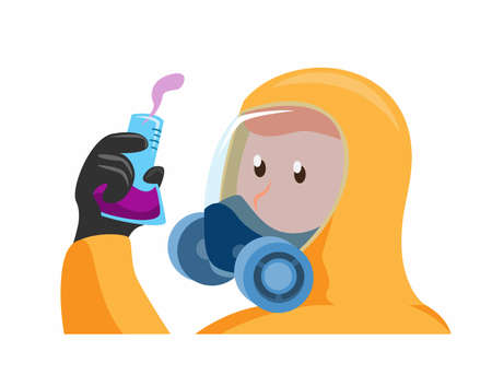 man in biohazard protective outfit holding lab glass test tube, scientist with gas mask suit for toxic and chemical protection cartoon flat illustration vectorのイラスト素材