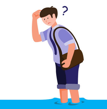 man affected by the flood of confusion looking for goods or sources of flood disaster cartoon flat illustration vectorのイラスト素材