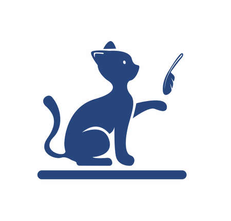 cat playing feather toy silhouette logo flat illustration vectorのイラスト素材